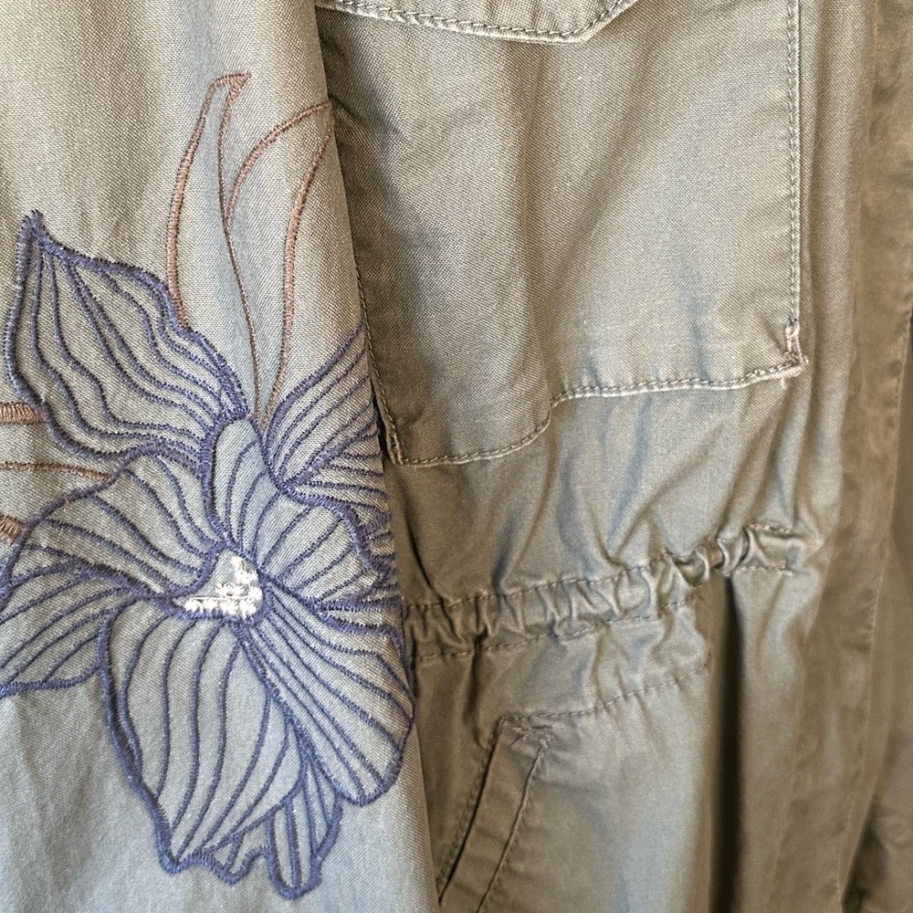 Kensie Utility Jacket in Light Olive Green with Floral Embroidery - Picture 11 of 14